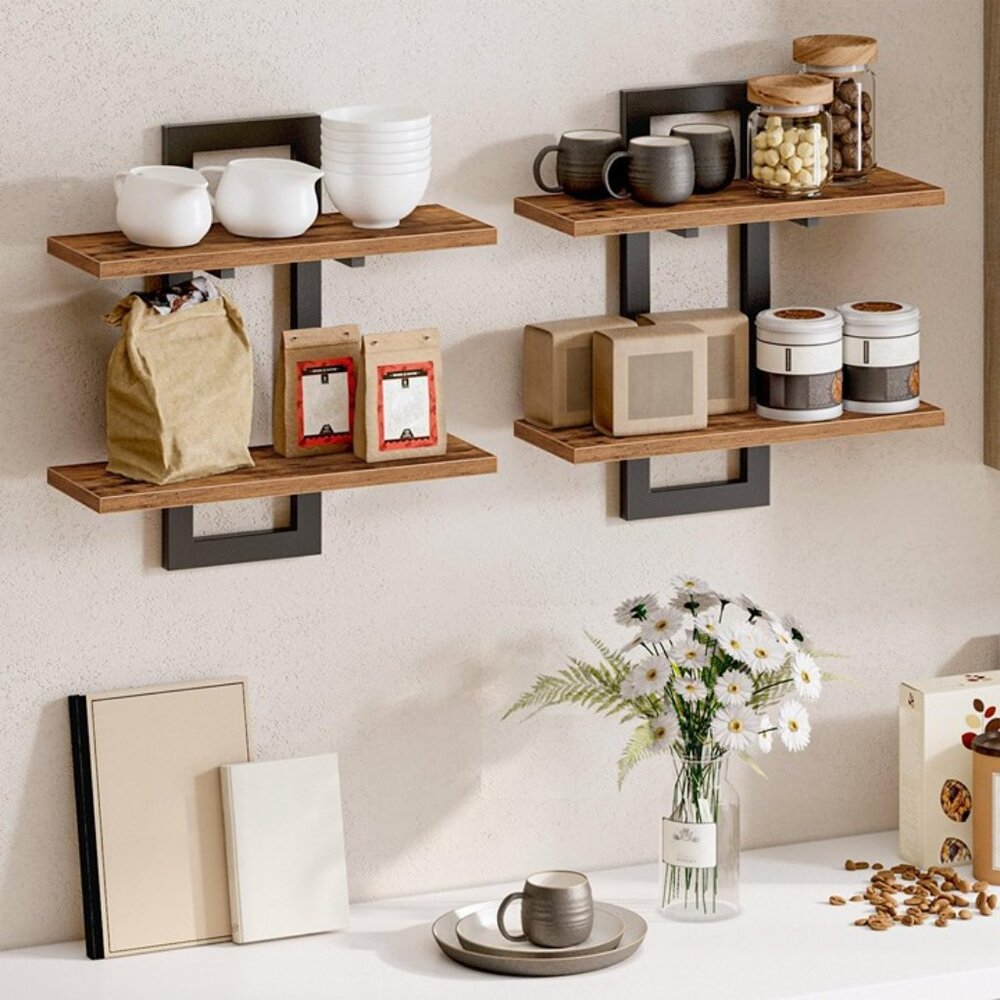 New 15 Inch Floating Wall Shelves Set of 2 2-Tier Rustic Storage for Home Decor
